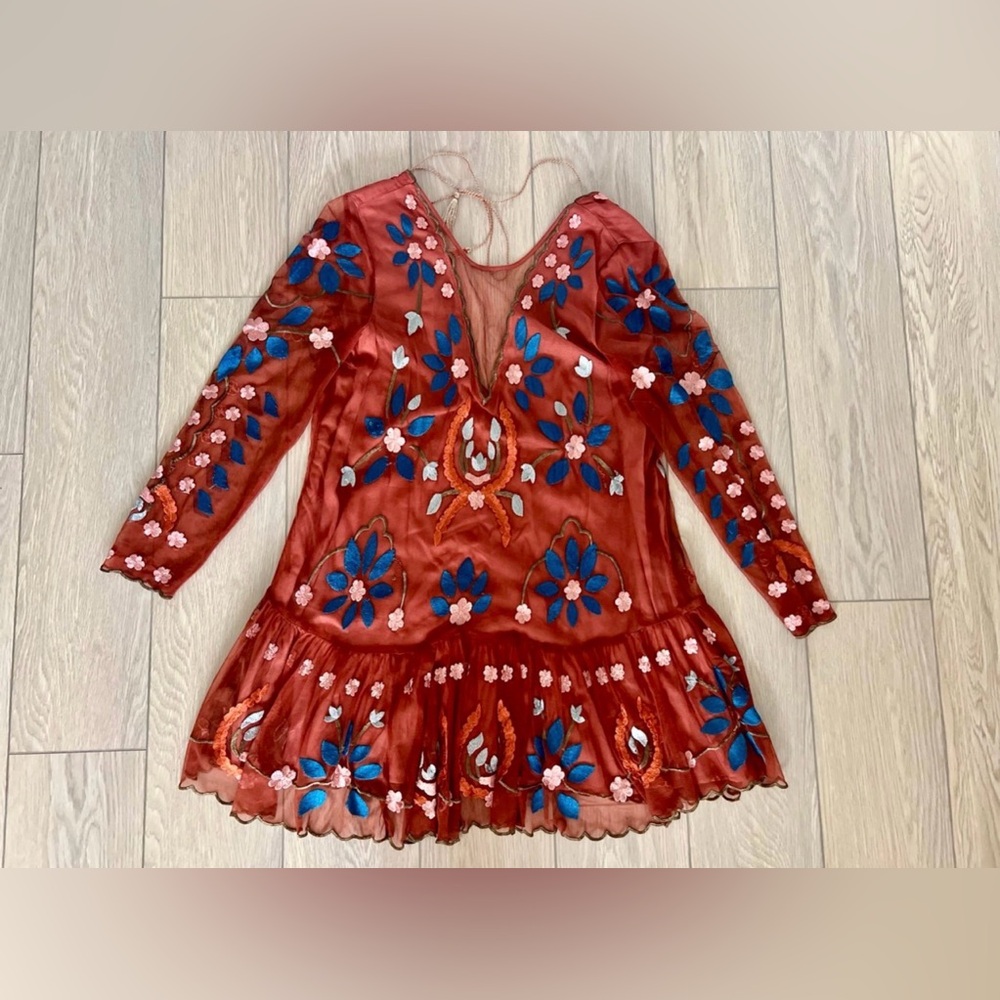 Free People Hearts Are Wild Embroidered Tulle Dress Rust Size Large